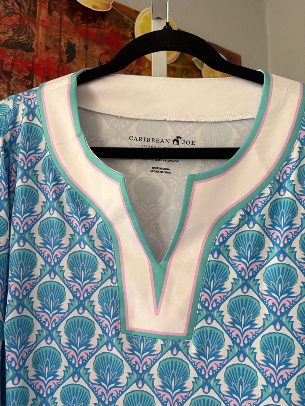 Caribbean Joe Blue & Teal Shell-Print Tunic Dress with White Trim Size M NWT - Picture 4 of 5